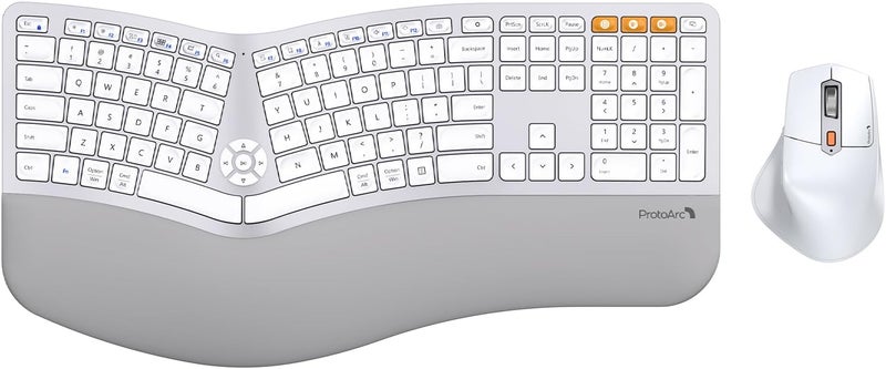 ProtoArc Ergonomic Wireless Keyboard Mouse, EKM01 Plus Full Size Ergo Bluetooth Keyboard Mouse Combo, Split Design, Wrist Rest, Multi-Device, Rechargeable, for Windows/Mac OS - White and Silver - Image 1